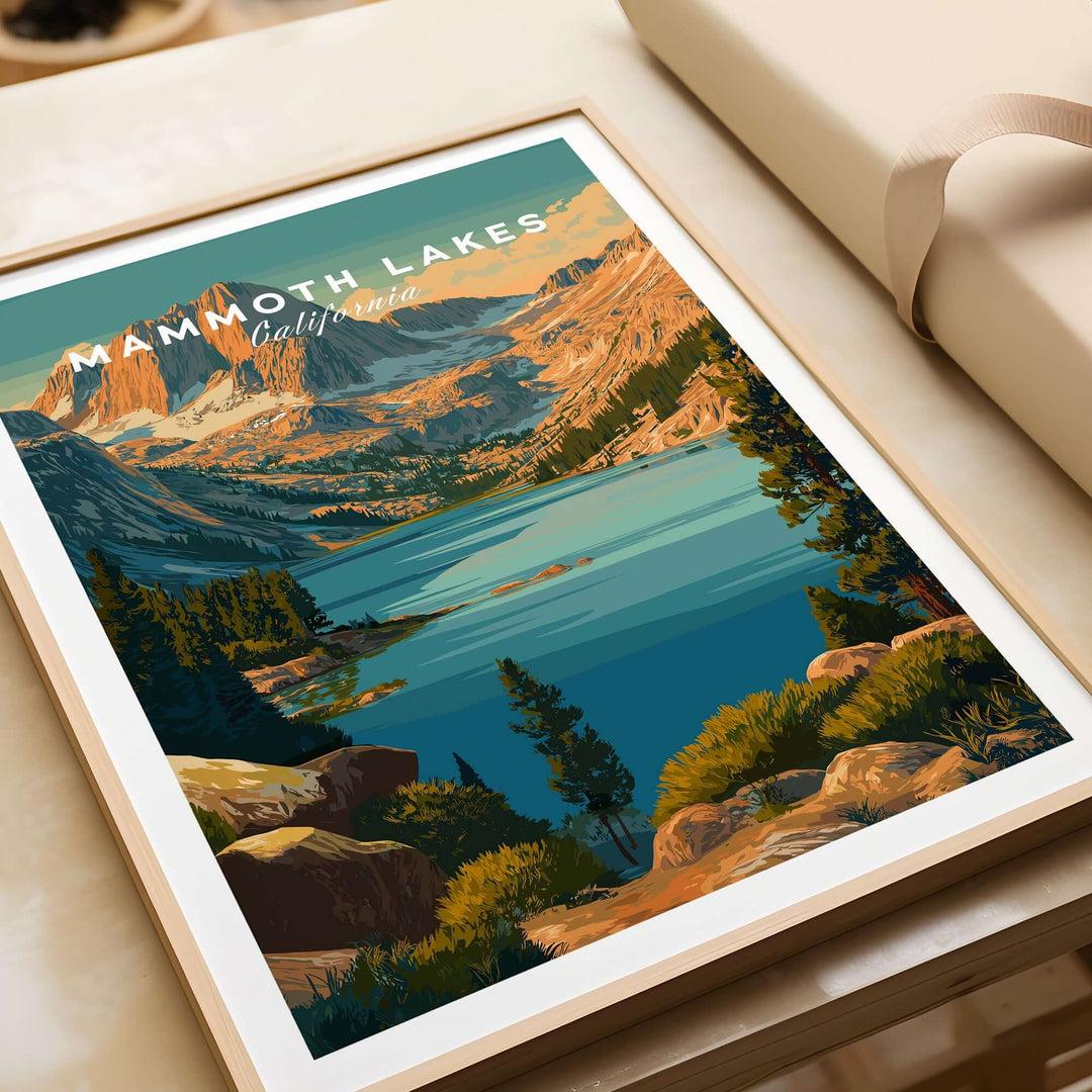 Mammoth Lakes California poster featuring rugged mountains and serene lake landscape in vibrant colors.