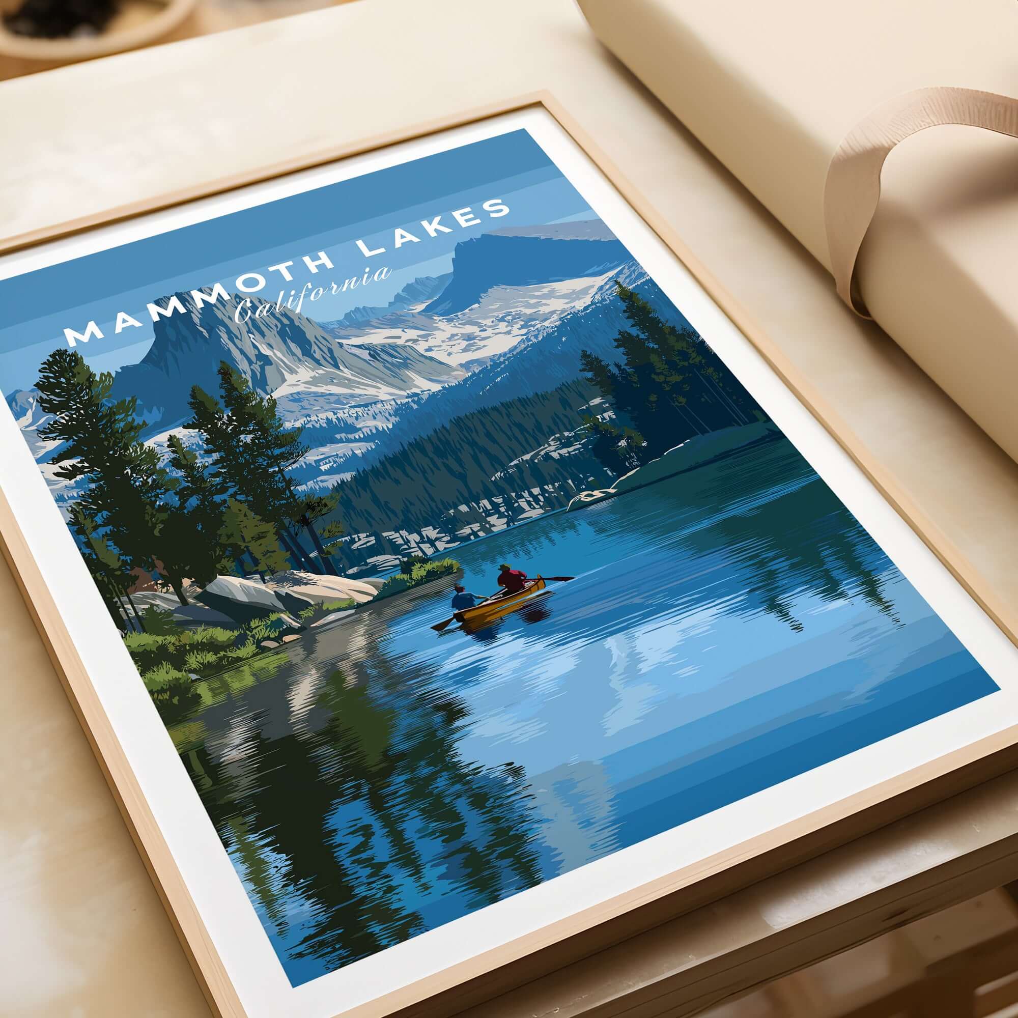 Mammoth Lakes - Mountain Adventure Wall Art featuring serene lake and mountains, perfect for nature lovers.