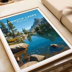 Mammoth Lakes California Poster featuring a beautiful landscape of mountains and water in a framed design.