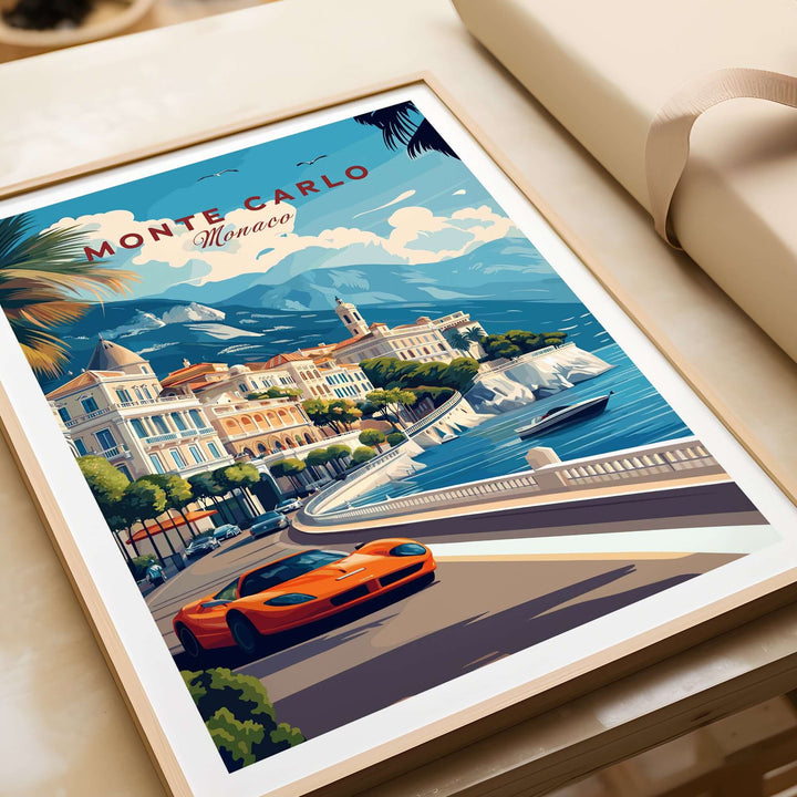 Monte Carlo print travel poster showcasing Monaco's cityscape and luxury sports car, perfect for Mediterranean decor.