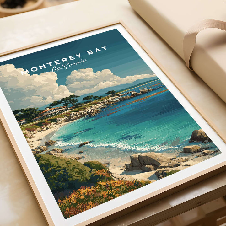 Monterey Bay California coastal beach print showcasing the Pacific Ocean and shoreline in vibrant colors.