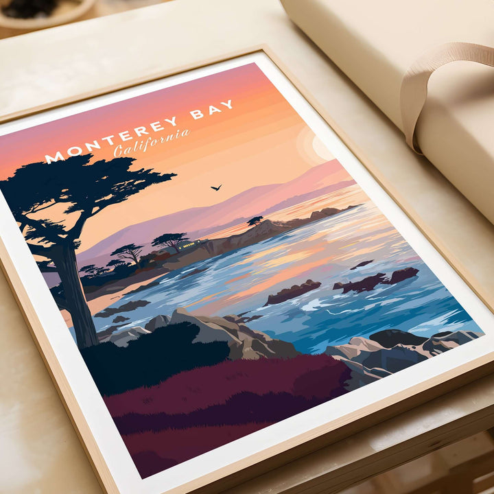 Monterey Bay California sunset coastline poster featuring cypress trees and vibrant ocean waves.