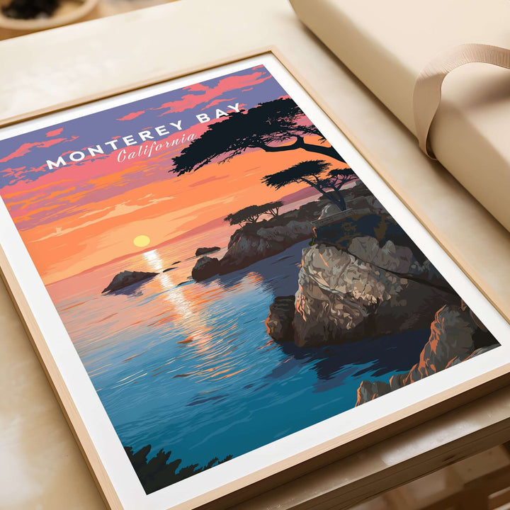 Monterey Bay print showcasing sunset over rocky coastline and ocean, perfect for Pacific Grove wall art.