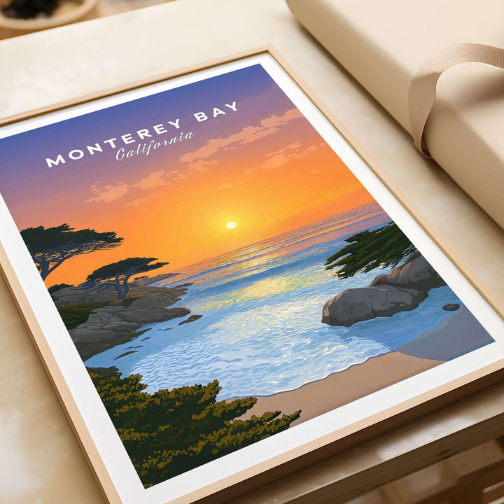 Monterey Bay California print featuring a vibrant sunset over the ocean, framed wall art for serene décor.