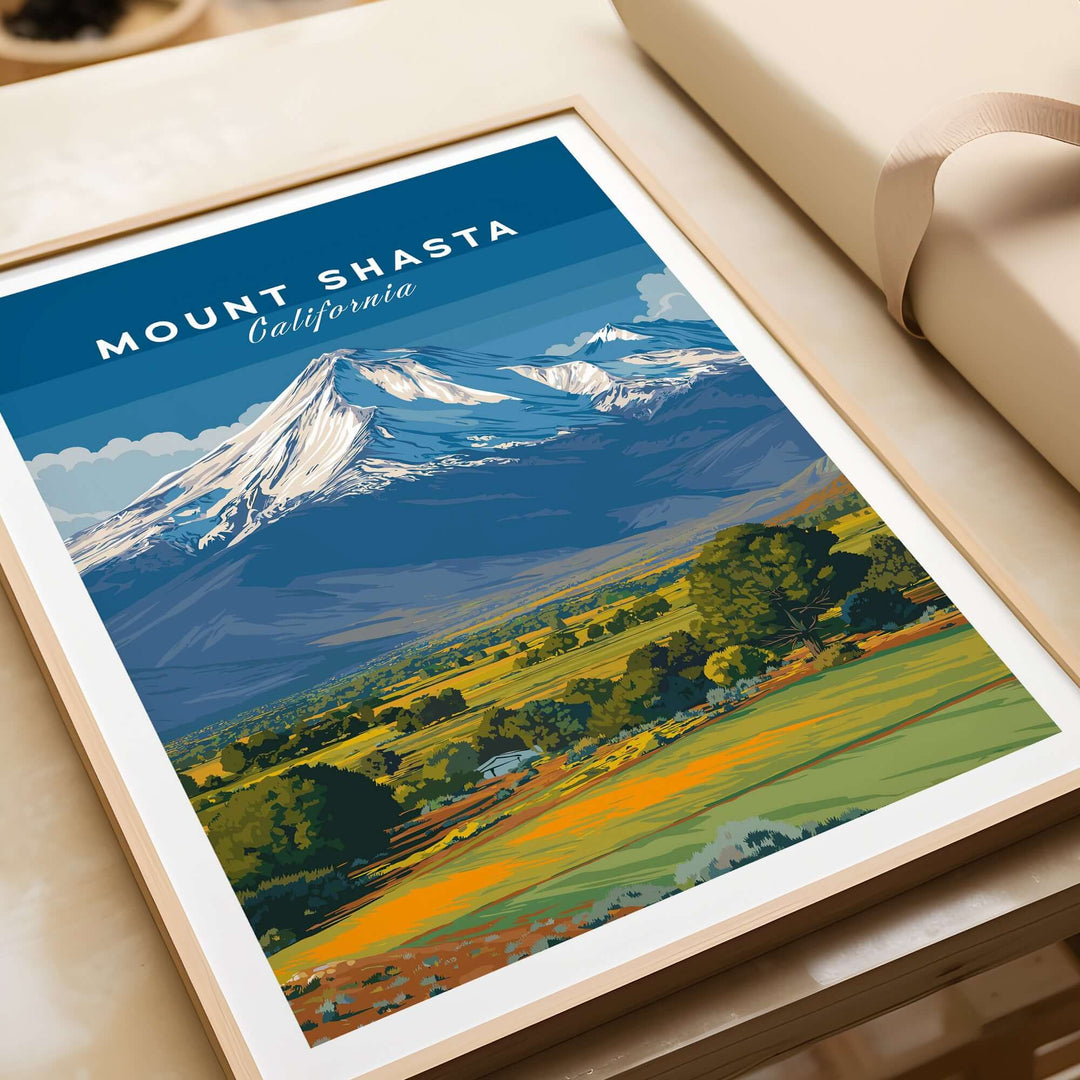 Art print of Mount Shasta, California, showcasing mountains and vibrant landscape for Northern California decor.