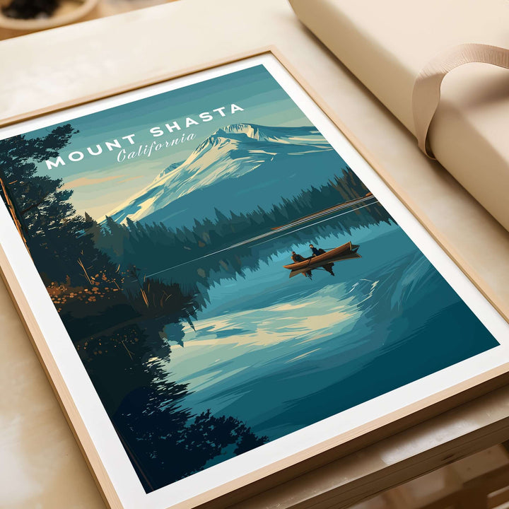 Mount Shasta California print featuring serene mountain landscape and tranquil lake, ideal for nature-inspired wall art.