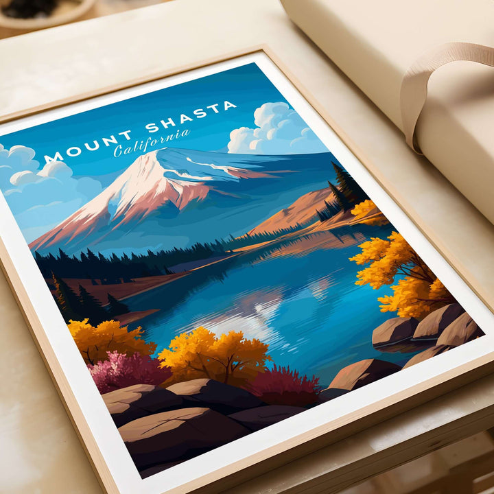 Mount Shasta wall art print showcasing the mountain, lake, and colorful foliage in a vibrant California landscape.