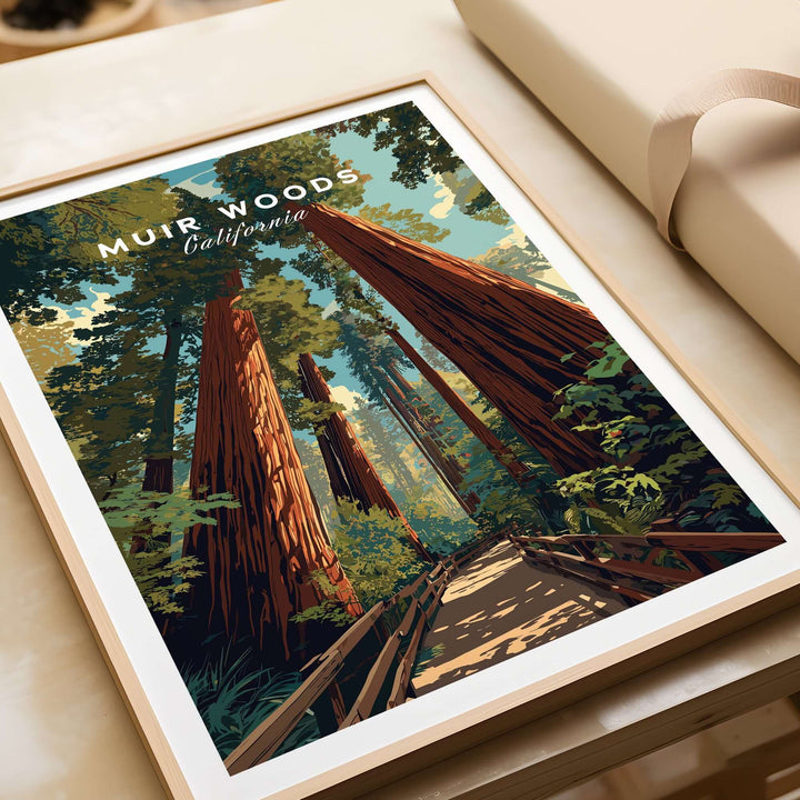 Muir Woods California Redwood Forest trail print featuring giant trees and serene pathways, perfect for nature lovers.