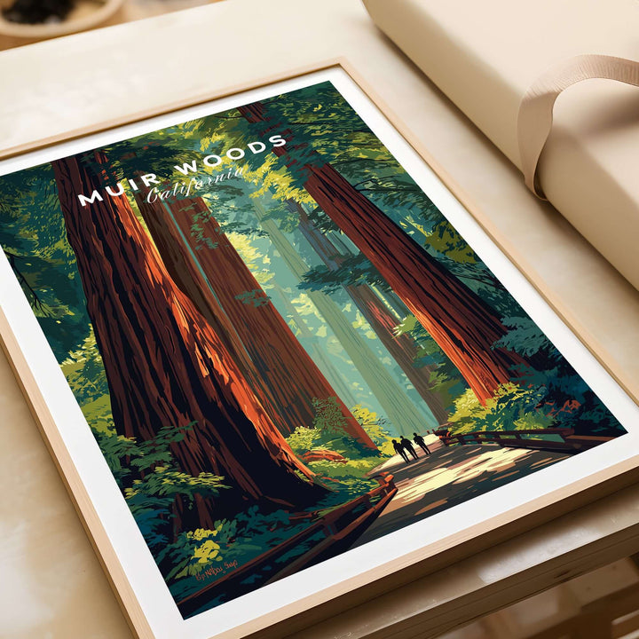Muir Woods California poster featuring towering redwood trees and serene forest scenery, perfect for nature lovers.