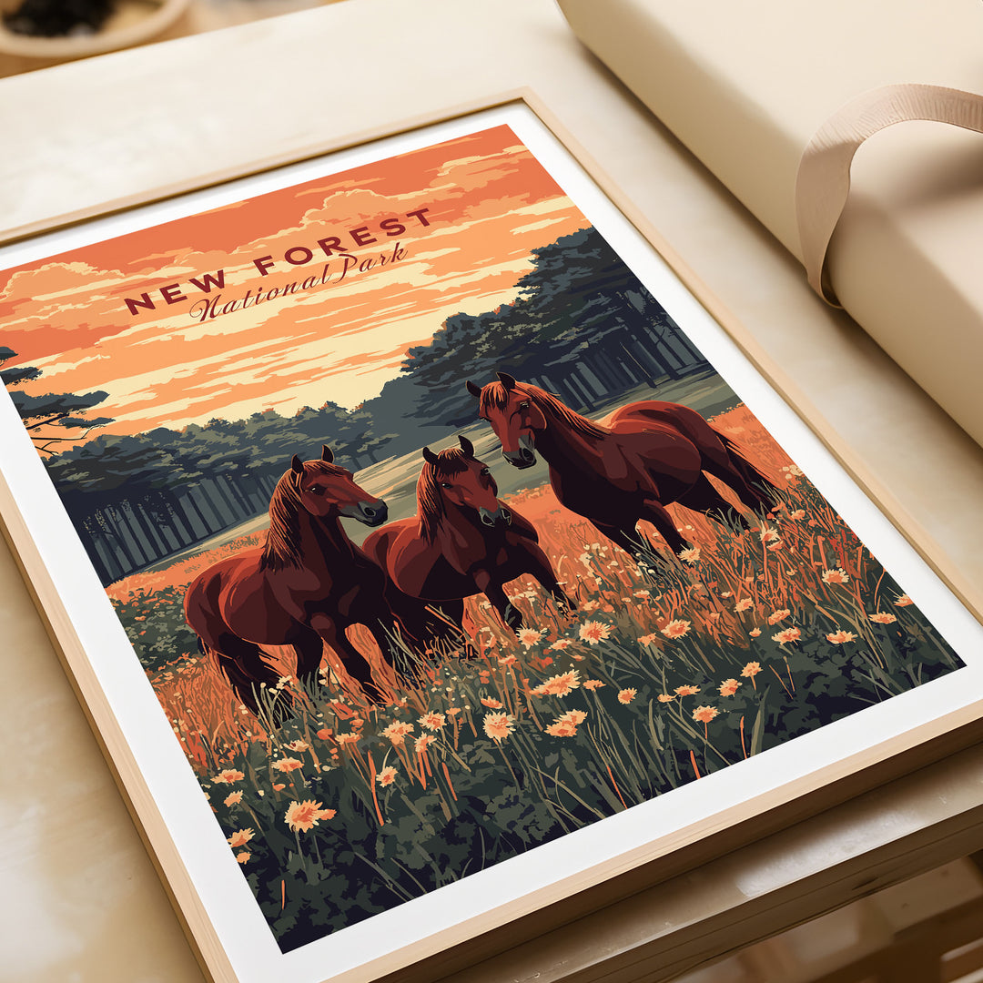 New Forest National Park poster featuring horses and scenic landscape, capturing the beauty of nature and outdoor inspiration.