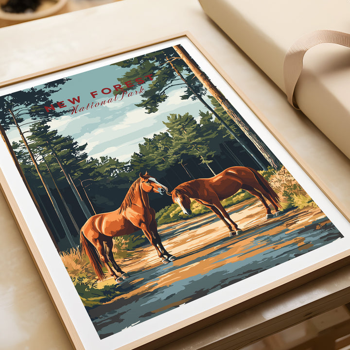 New Forest National Park print featuring horses in a serene woodland landscape, perfect for nature lovers and UK National Park enthusiasts.