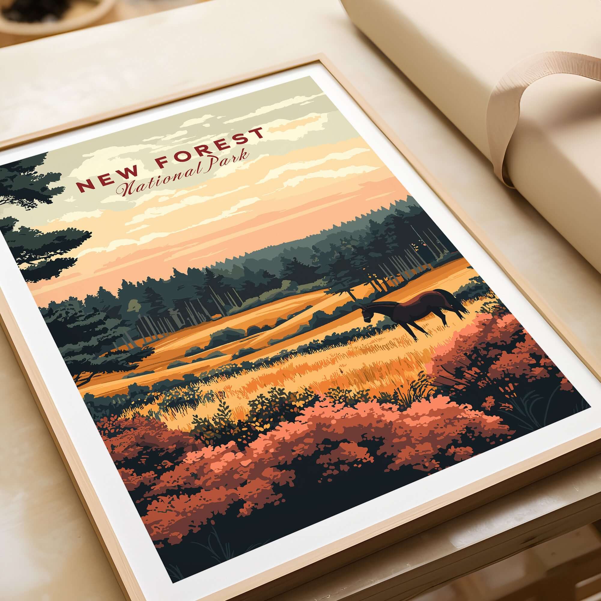 New Forest England National Park Print displaying a scenic view of nature with vibrant colors and wildlife.