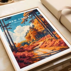 New Forest Travel Poster England showcasing vibrant autumn landscape and tranquil path in a framed design.