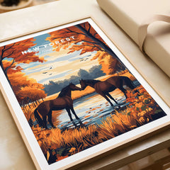 New Forest Wall Art Print featuring two horses by a serene pond surrounded by autumn foliage.