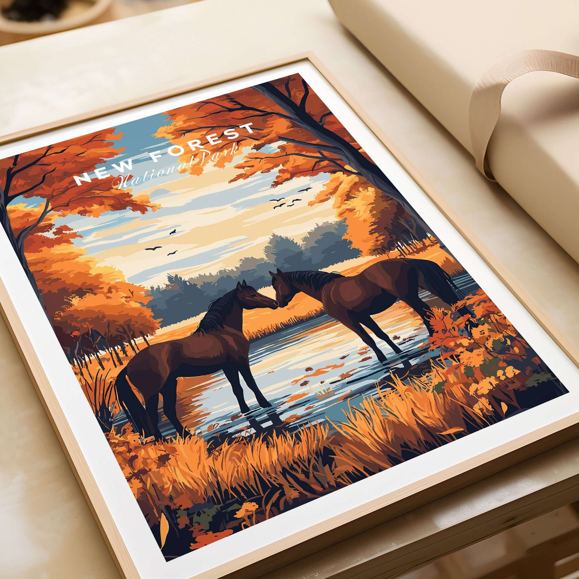 New Forest Wall Art Print featuring two horses by a serene pond surrounded by autumn foliage.
