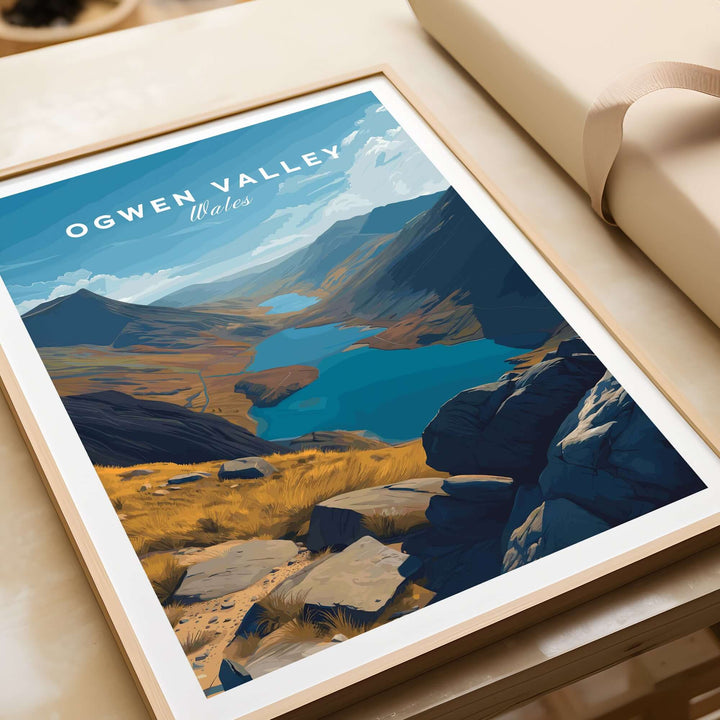 Ogwen Valley wall art print depicting Wales' majestic mountain lakes and stunning landscape scenery.