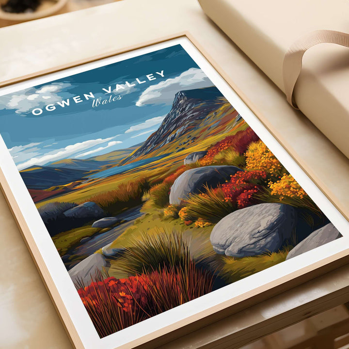 Ogwen Valley Wales print featuring vibrant highland landscape with mountains and colorful foliage, perfect for nature lovers.