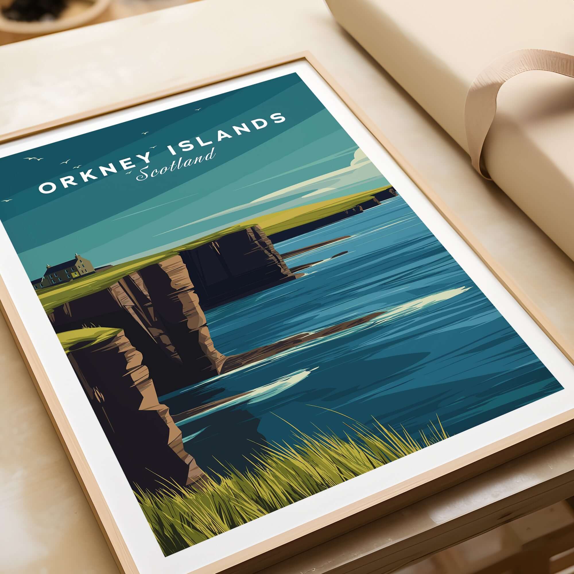 Orkney Islands Sea Cliffs Print - Dramatic Coastal Scotland Poster displayed on a table with natural elements.
