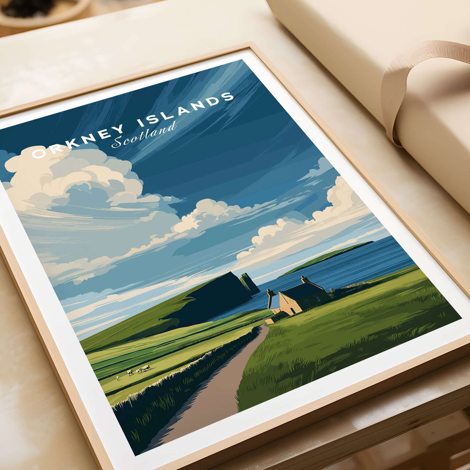 Orkney Islands Coastal Cottage Print - Green Hills Scotland Poster featuring a serene landscape with lush greenery and a cottage.