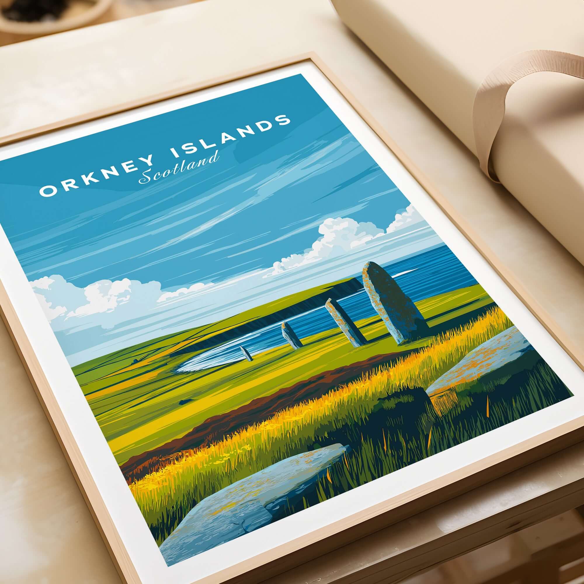 Orkney Islands Standing Stones Print - Scotland Ancient Landmark Wall Art showcasing prehistoric stones in a vibrant landscape.