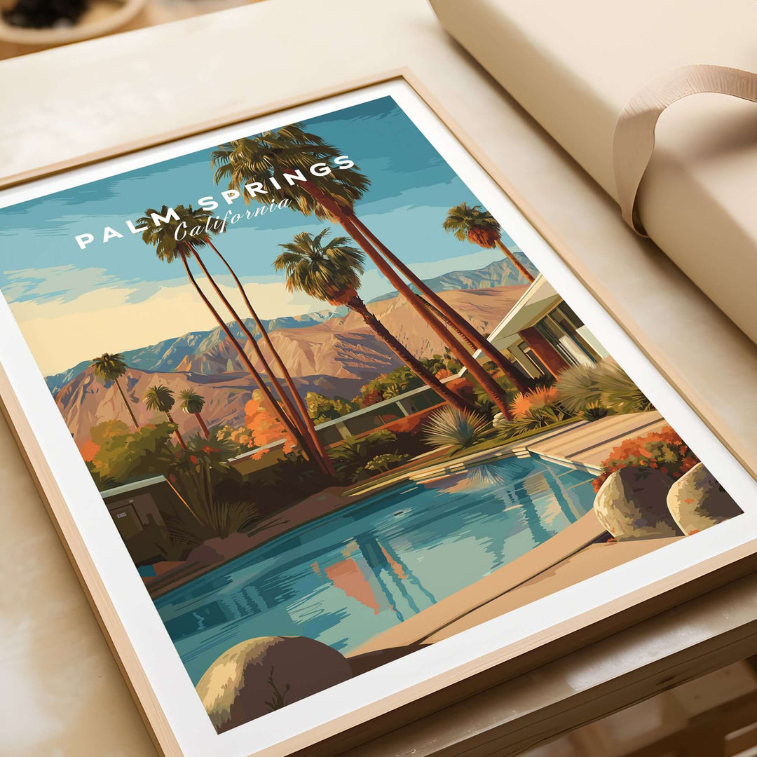 Mid-Century Modern Palm Springs poster with pool, palm trees, and desert mountains in California.