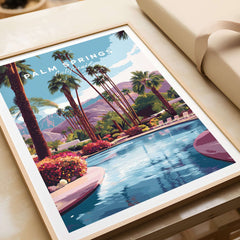 Palm Springs California Tropical Poolside Print - Mountain Landscape Wall Art framed on a table showcasing pool and palm trees.