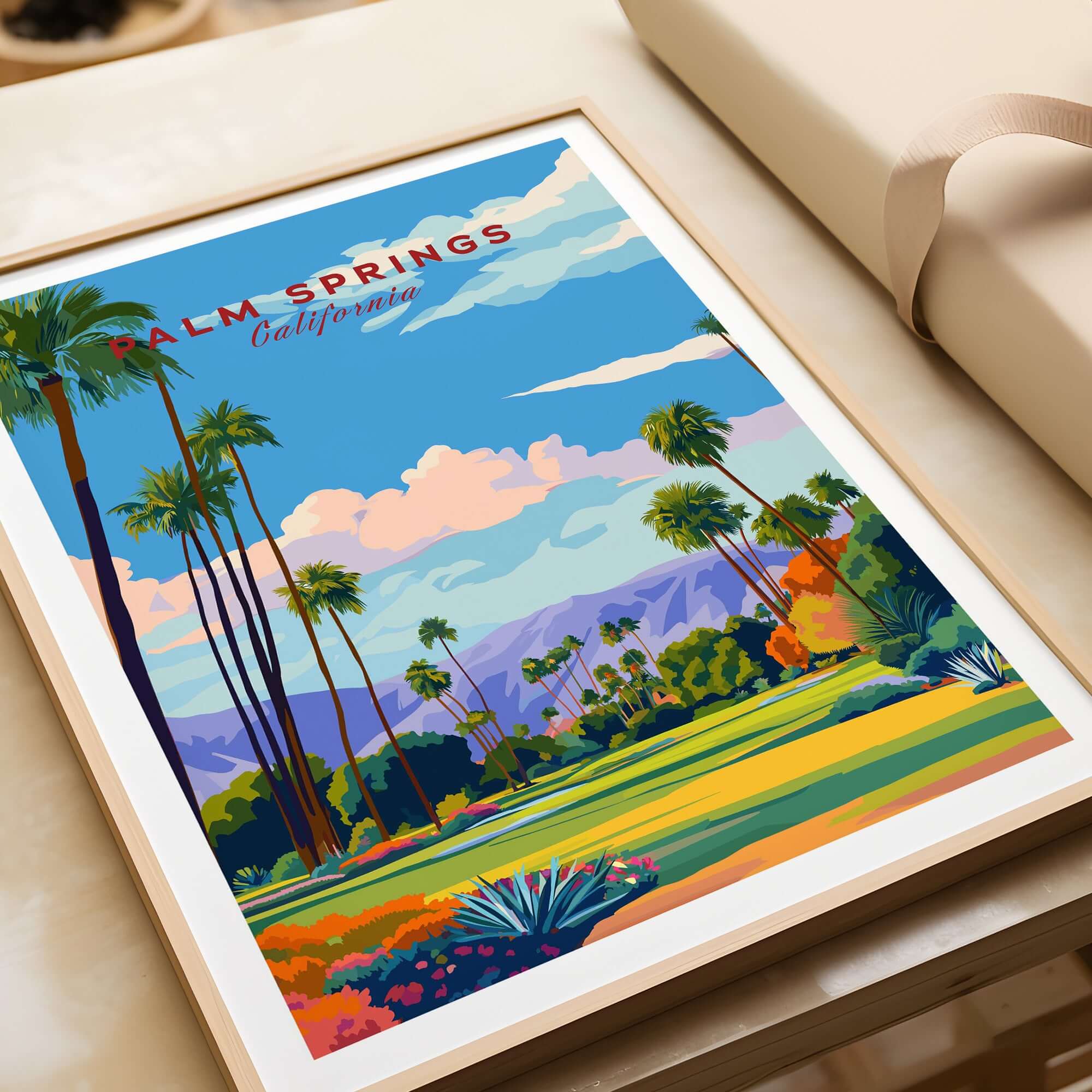 Palm Springs Golf Course Poster - California Desert Mountain View Print showcasing vibrant desert landscape design.