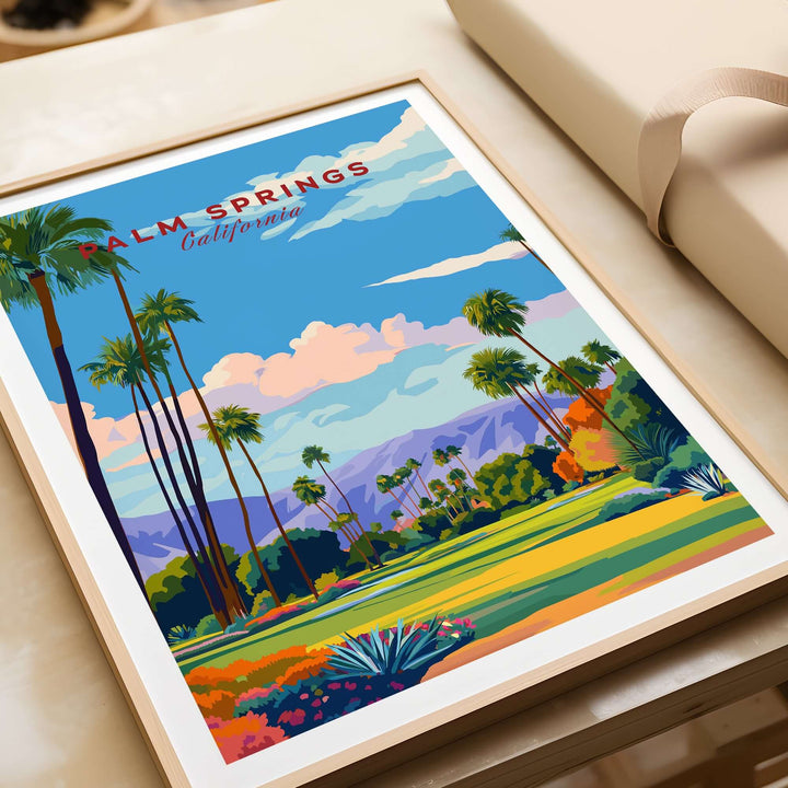 Palm Springs golf course poster featuring vibrant desert landscape and mountains in California.