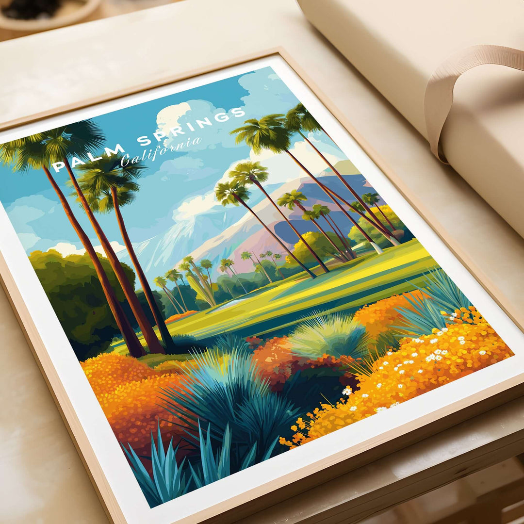 Palm Springs California golf course mountain view print featuring a vibrant desert landscape and palm trees.