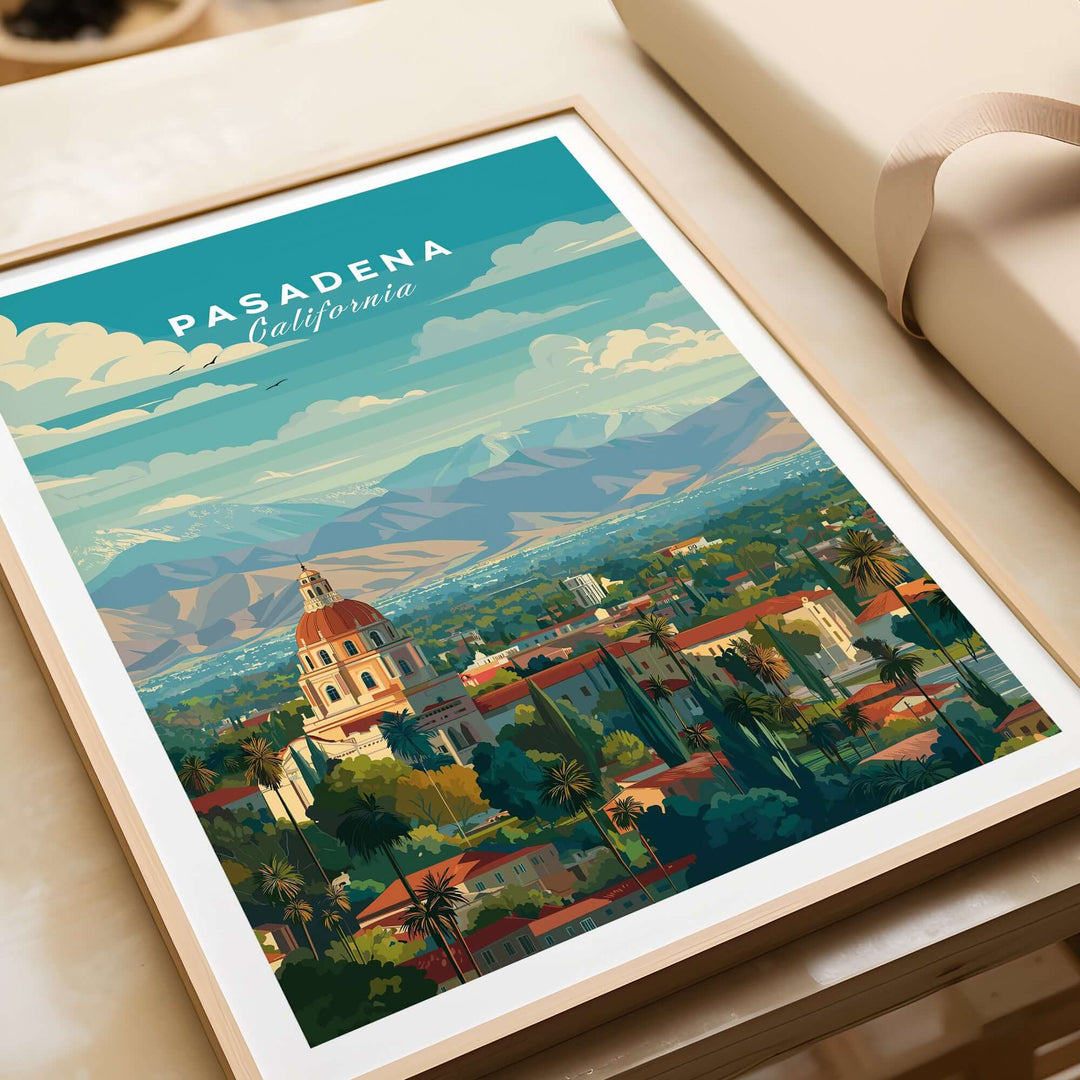 Pasadena California print featuring City Hall and San Gabriel Mountains in a vibrant artistic style.