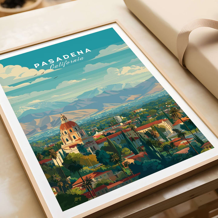 Pasadena California print featuring City Hall and San Gabriel Mountains in a vibrant artistic style.