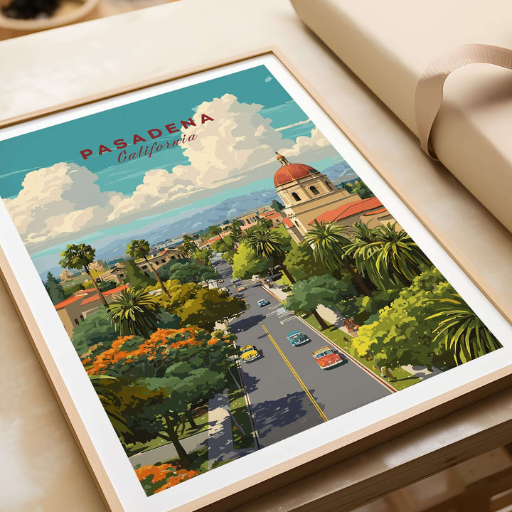 Pasadena California cityscape poster featuring vibrant urban views and iconic landmarks in a stylish print.
