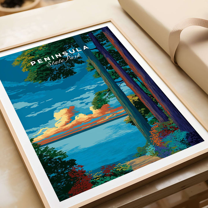 Peninsula State Park poster featuring a vibrant sunset, lake, and forest path in colorful design.