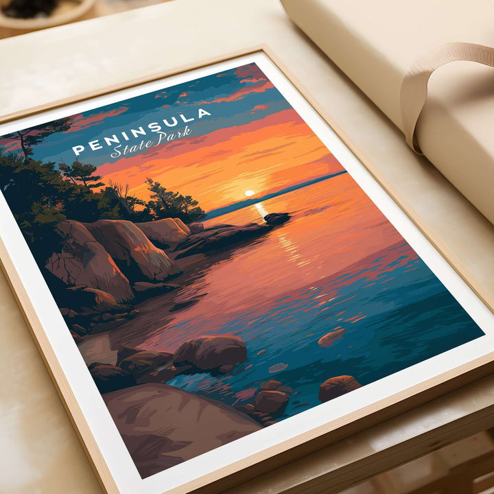 Peninsula State Park sunset print showcasing a golden sunset over rocky shoreline in Wisconsin, framed wall art.