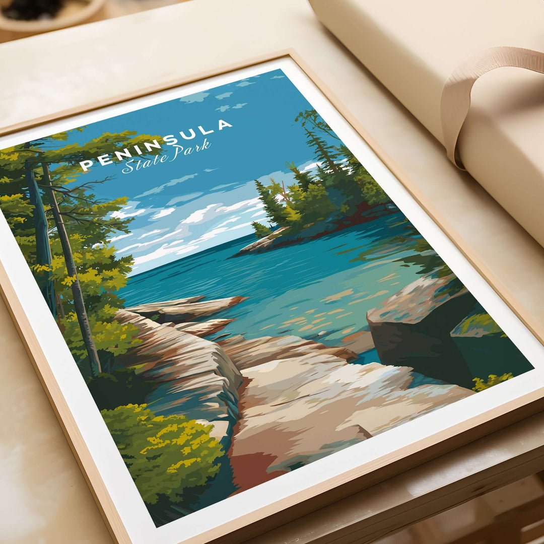 Peninsula State Park Wisconsin rocky coastline print in a decorative frame, showcasing vibrant nature and serene waters.