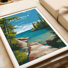 Peninsula State Park Wisconsin Rocky Coastline Print - Green Bay Scenic Poster, showcasing serene coastlines and vibrant landscapes.