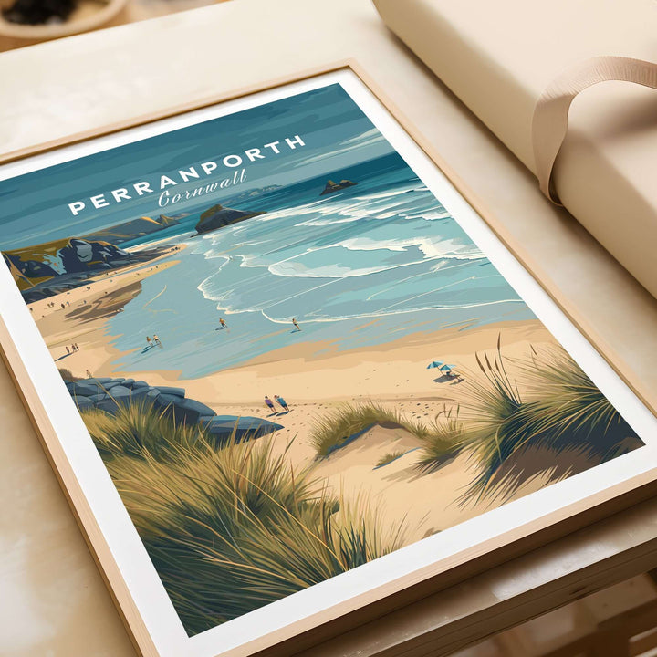 Perranporth Cornwall sandy beach dunes print showcasing coastal scenery and ocean waves in elegant wall art