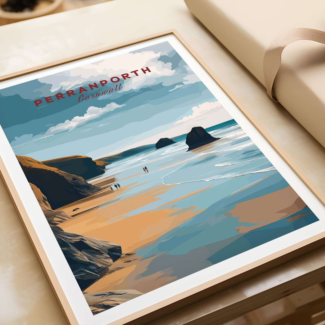Perranporth low tide beach poster featuring dramatic clouds and tranquil shoreline, capturing the beauty of the Cornish coast.