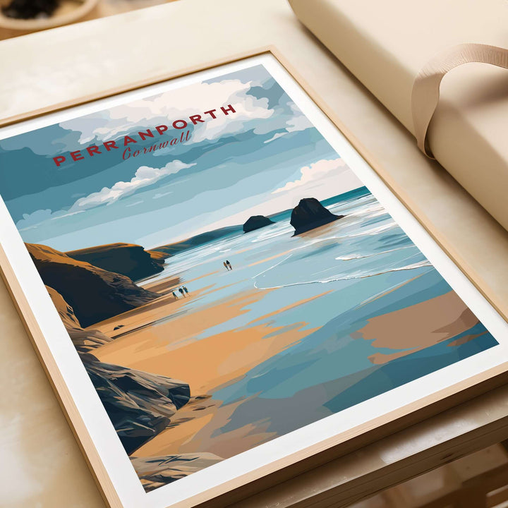 Perranporth low tide beach poster featuring dramatic clouds and tranquil shoreline, capturing the beauty of the Cornish coast.