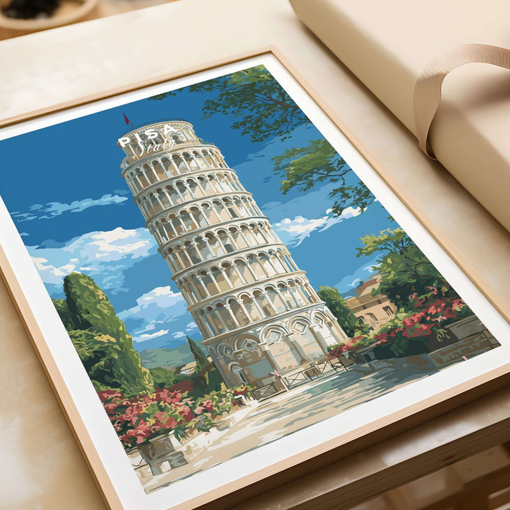 Leaning Tower of Pisa print featuring vibrant illustration of Italy's iconic landmark surrounded by greenery and flowers.
