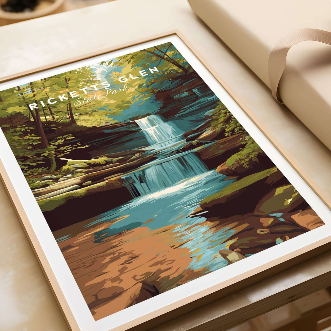 Ricketts Glen State Park waterfall landscape print showcasing serene forest and cascading water.