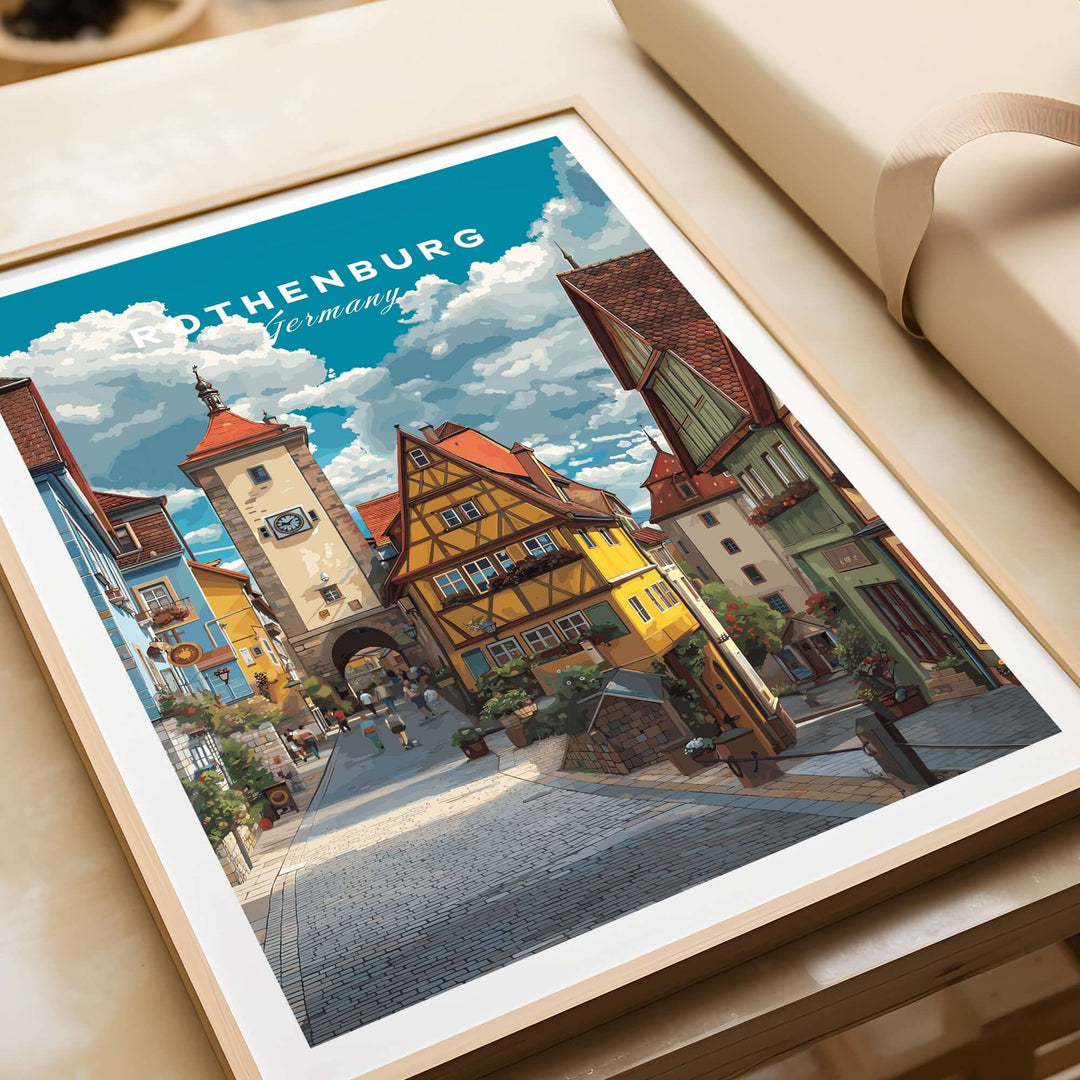 Rothenburg Germany travel poster featuring medieval buildings and picturesque streets in vibrant colors.