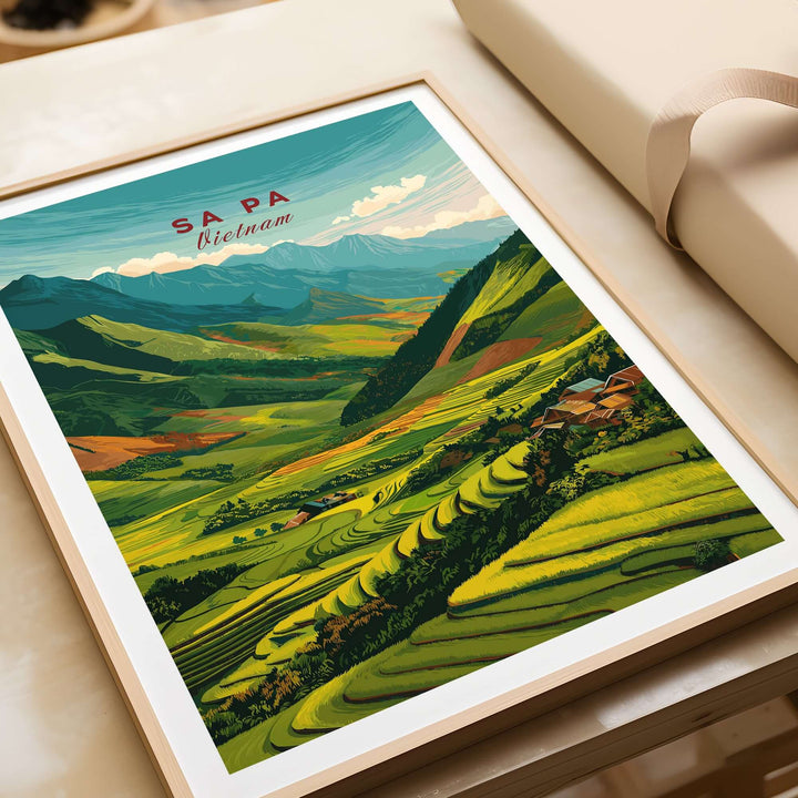Vibrant Sa Pa Vietnam poster featuring rice terraces and lush green mountains, perfect wall art for nature lovers.