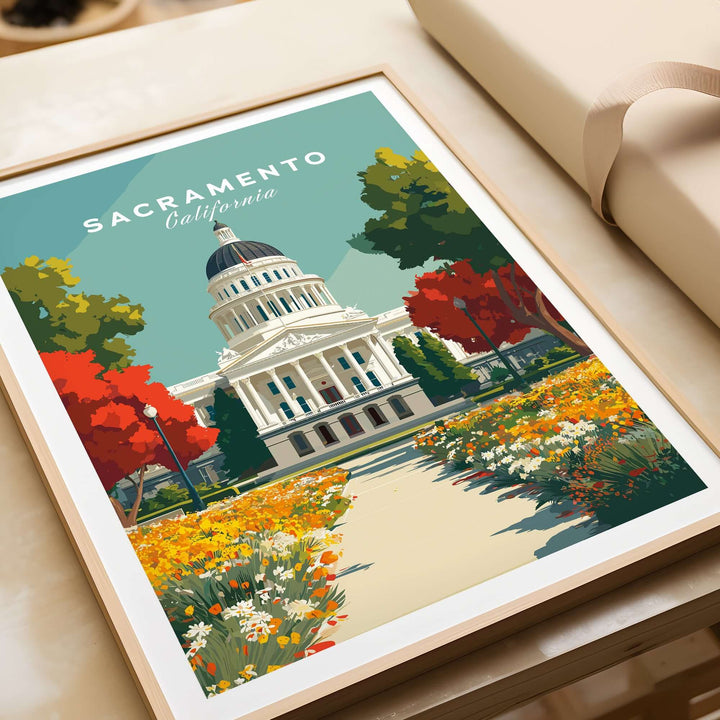 Sacramento California State Capitol Building print featuring vibrant flowers and architecture, perfect for wall art.