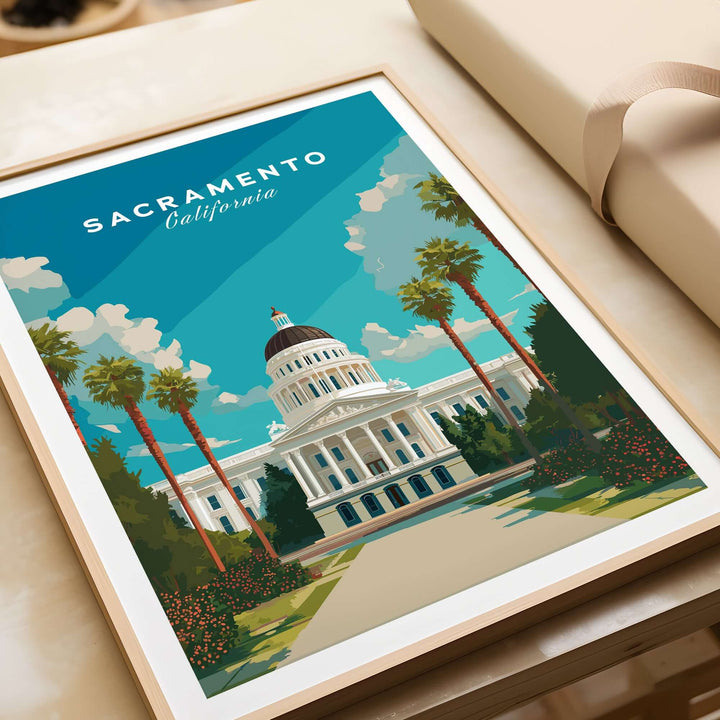 Sacramento California Capitol Building poster art print showcasing architectural beauty and vibrant colors.
