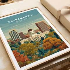 Sacramento California Skyline & Capitol Print - Urban Landscape Wall Art displayed with autumn foliage.