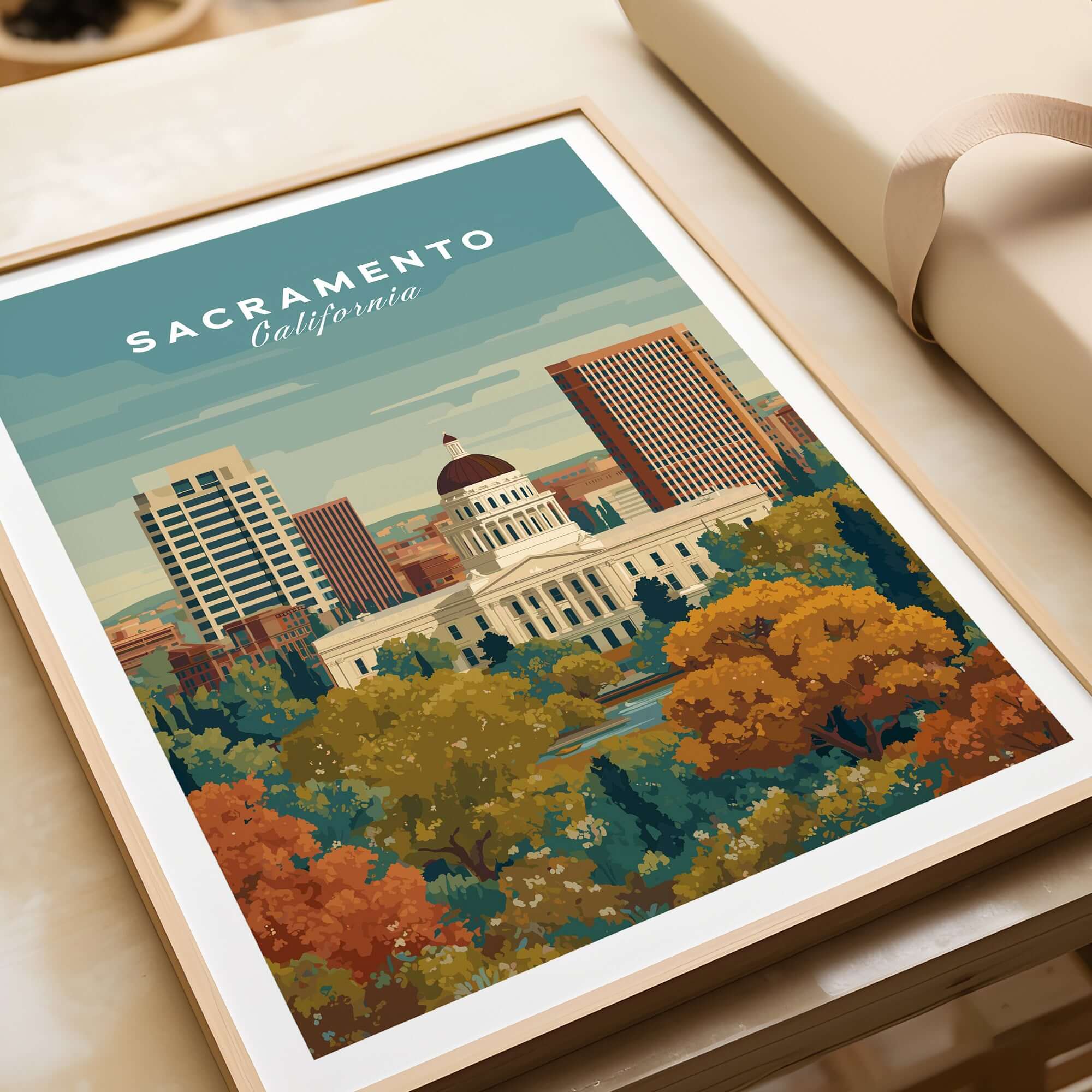 Sacramento California Skyline & Capitol Print - Urban Landscape Wall Art displayed with autumn foliage.