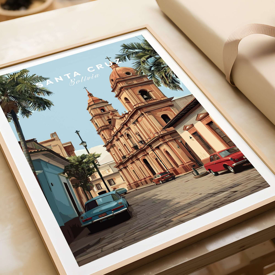 Santa Cruz South America Print | Bolivian Urban Wall Decor showcasing a vibrant street scene with vintage cars and palm trees.