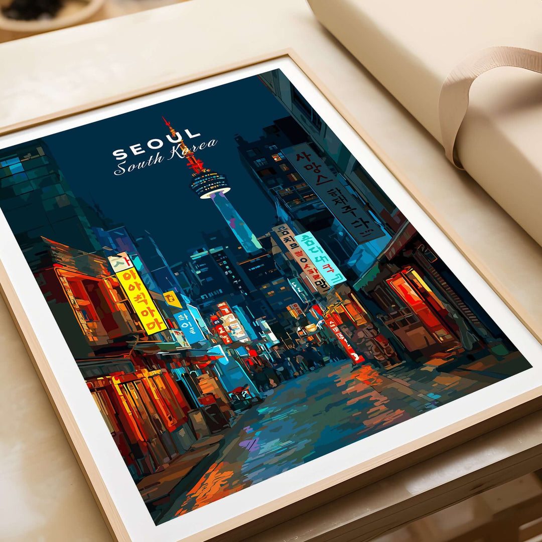 Seoul South Korea poster featuring N Seoul Tower, vibrant street scene, modern urban art print for home decor.