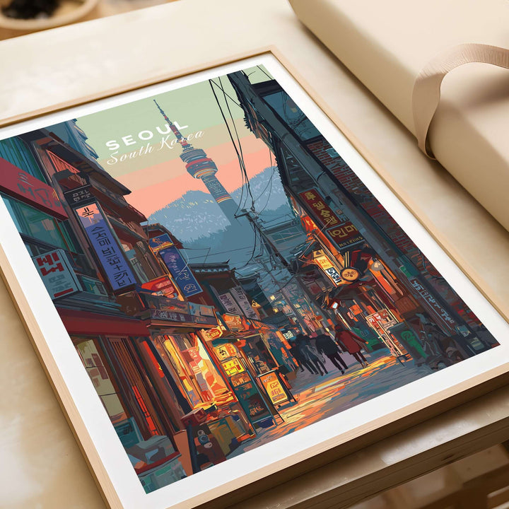 N Seoul Print showcasing traditional streets of Seoul, South Korea, with vibrant colors and urban charm.
